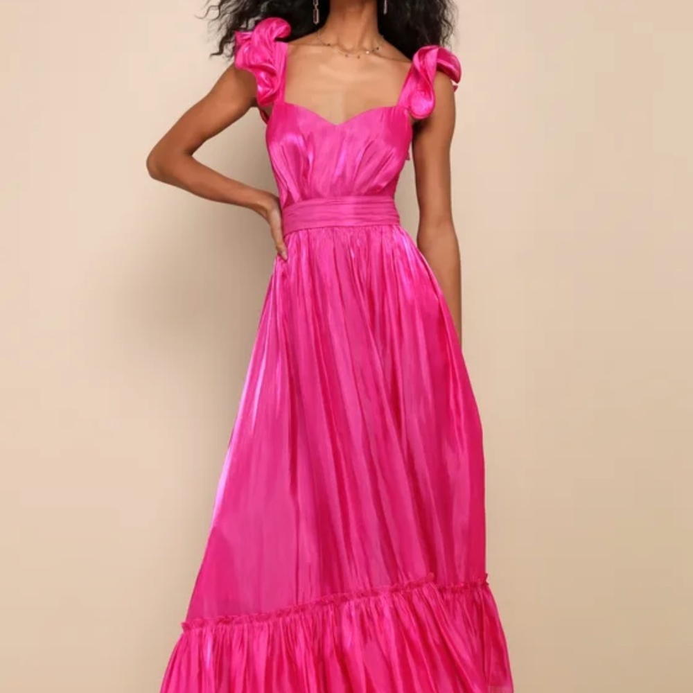 Pristine Glow Magenta Pink Ruffled Tie-Back Maxi Dress